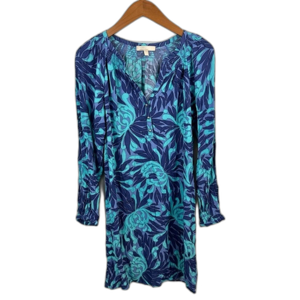 Banana Republic Blue Floral Long Sleeve V-Neck Dress Size 6 Vacation Getaway